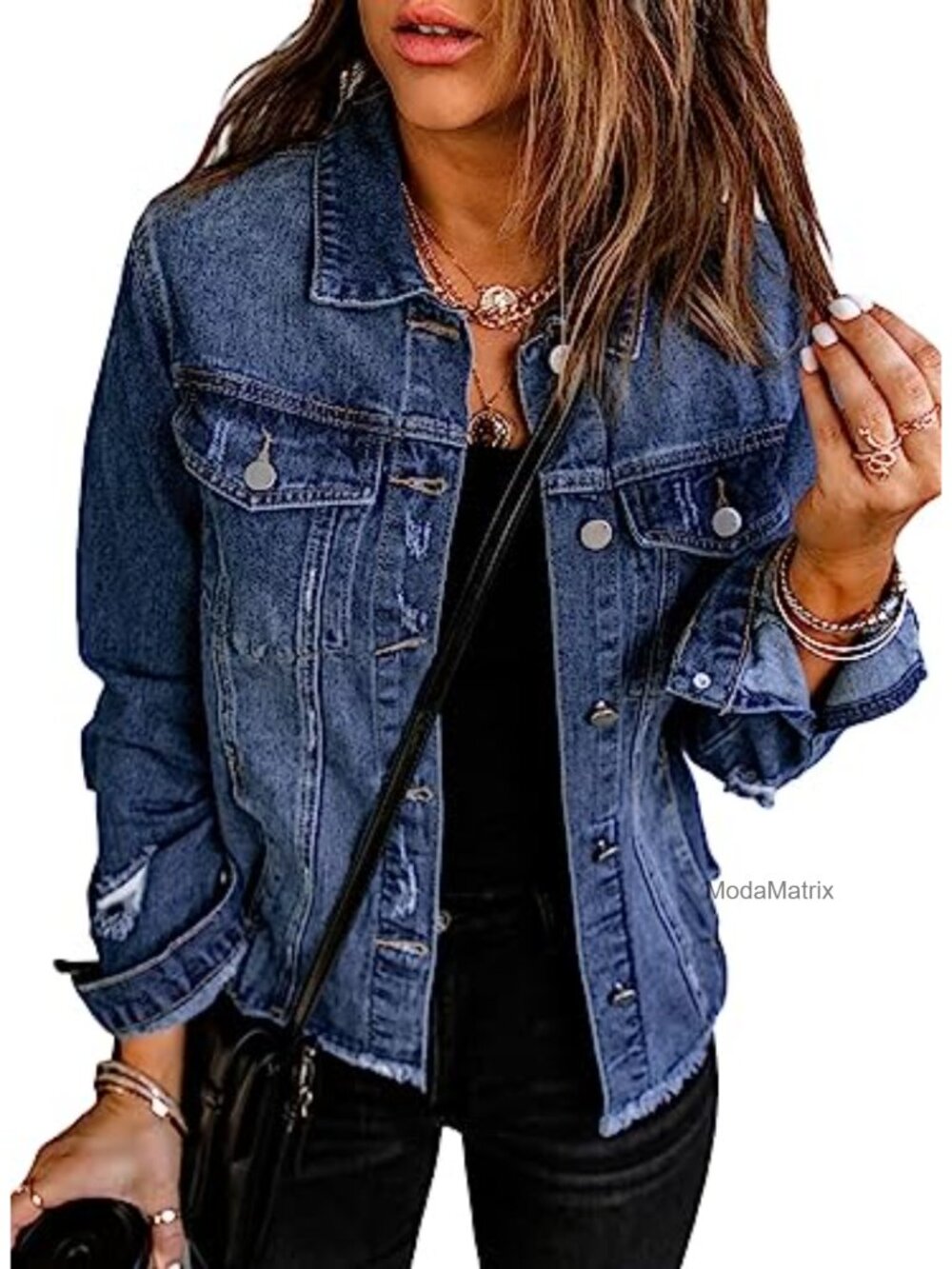 Womens Cropped Denim Jacket Fringe Hem Ripped Button Up Jean Jacket